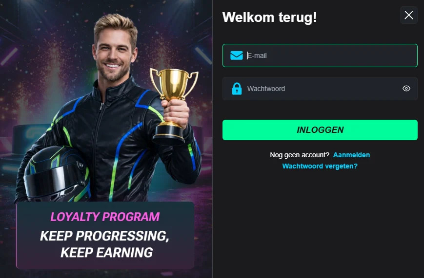 WinBoost Casino inlogformulier met e-mail, wachtwoord en informatie over het loyaliteitsprogramma